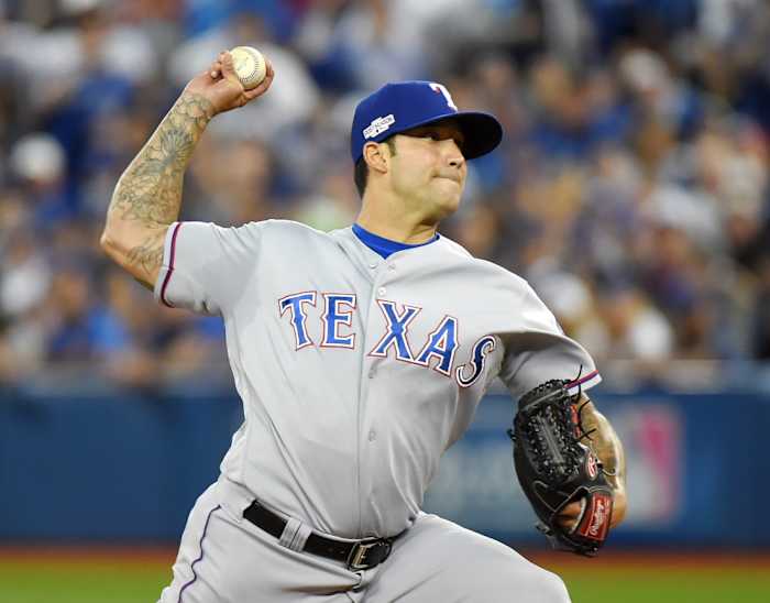 Oct 9, 2016; Toronto, Ontario, CAN; Texas Rangers relief pitcher Matt Bush throws a pitch against the Toronto Blue Jays in the 8th inning during game three of the 2016 ALDS playoff baseball series at Rogers Centre. Mandatory Credit: Dan Hamilton-USA TODAY Sports
